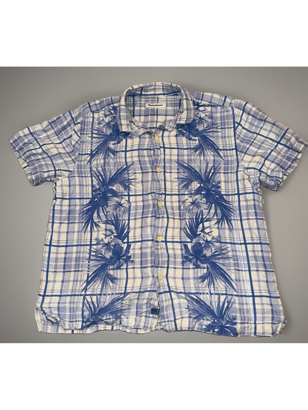 Tommy Bahama Faded Blue Plaid Tropical Hawaiian Button Down Men’s Size M